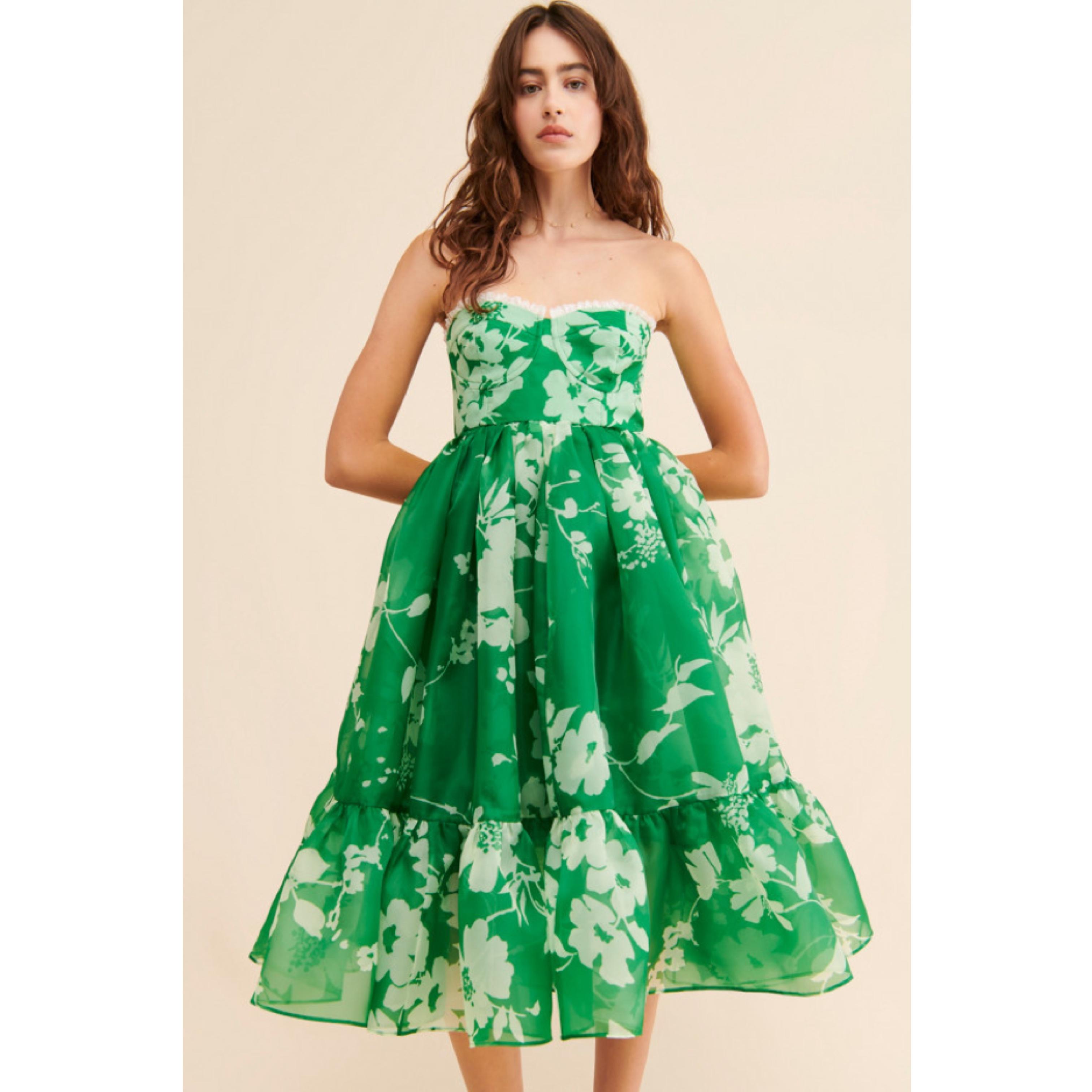 Selkie | Green Floral Strapless Dress — photo 1 of 2