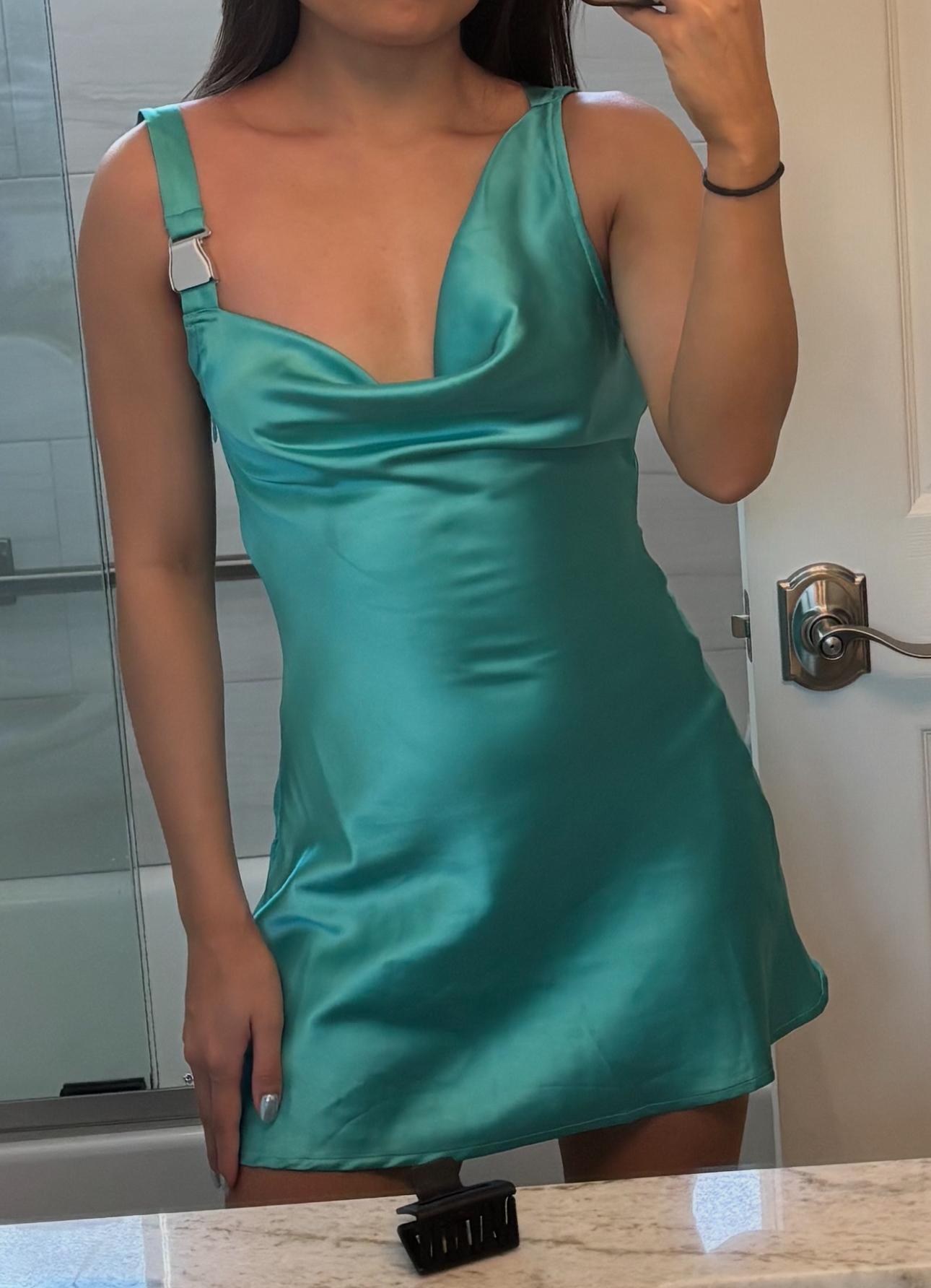 Danielle Guizio Teal Satin Mini Dress — photo 3 of 4