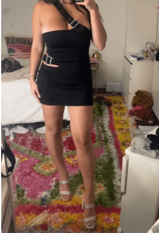 Crystal-Buckle Cutout One-Shoulder Mini Dress