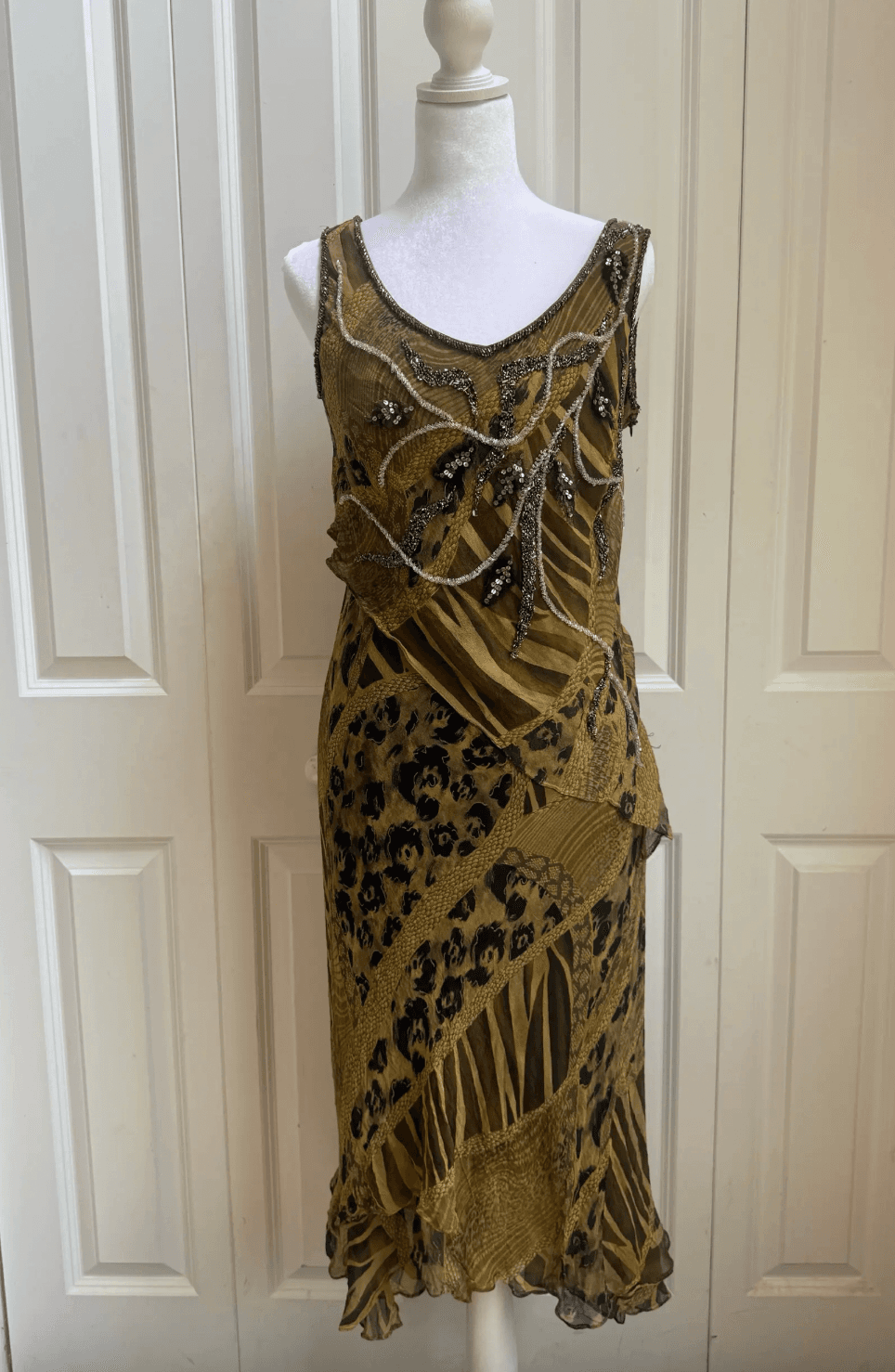 Vintage- Silk embellished Gold Black Beaded Animal Print Midi Dress