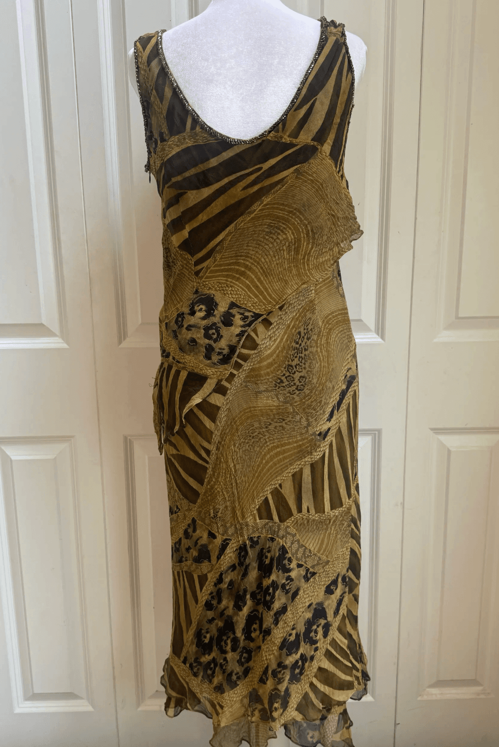 Vintage- Silk embellished Gold Black Beaded Animal Print Midi Dress — photo 2 of 3