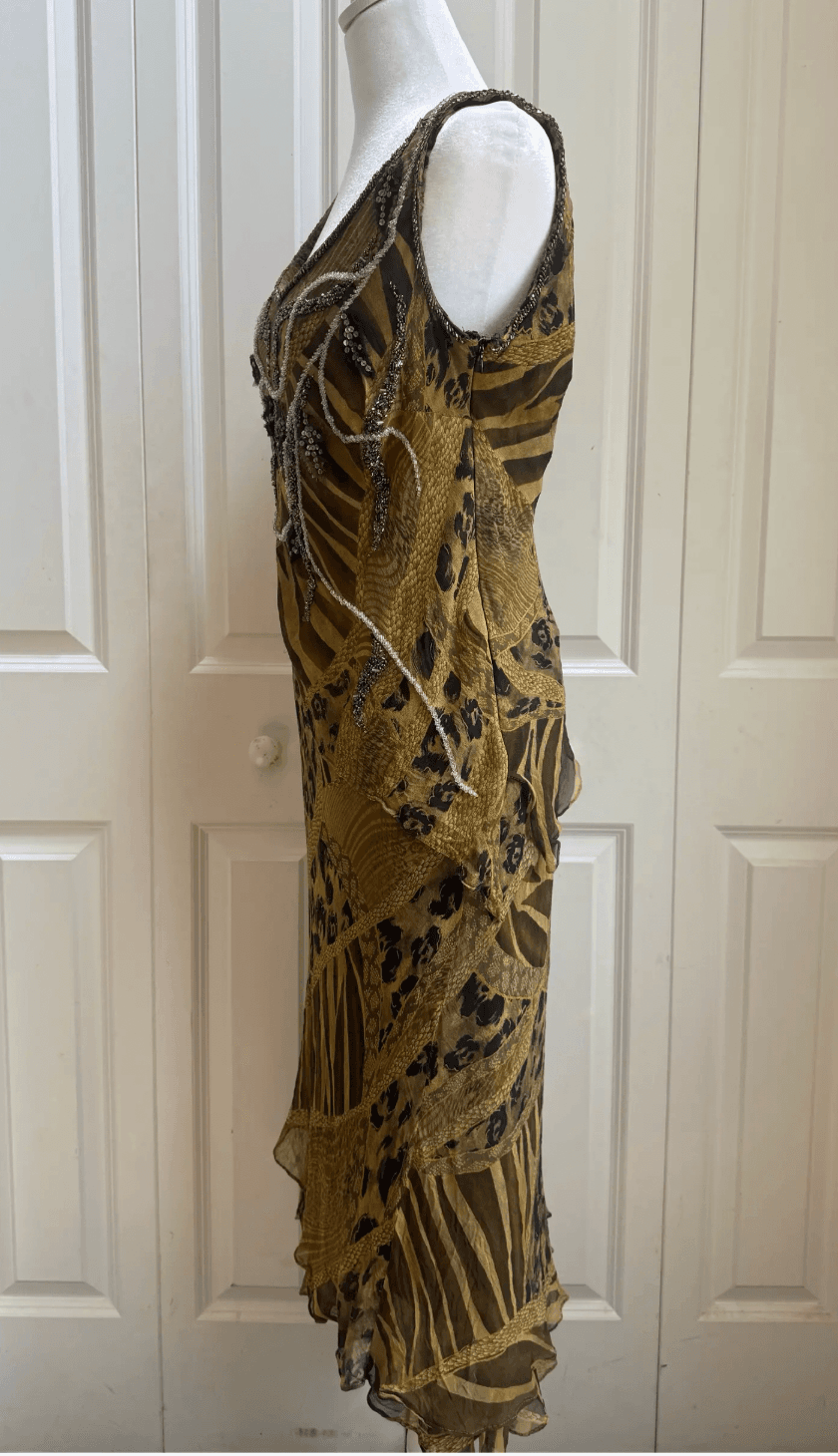 Vintage- Silk embellished Gold Black Beaded Animal Print Midi Dress — photo 3 of 3