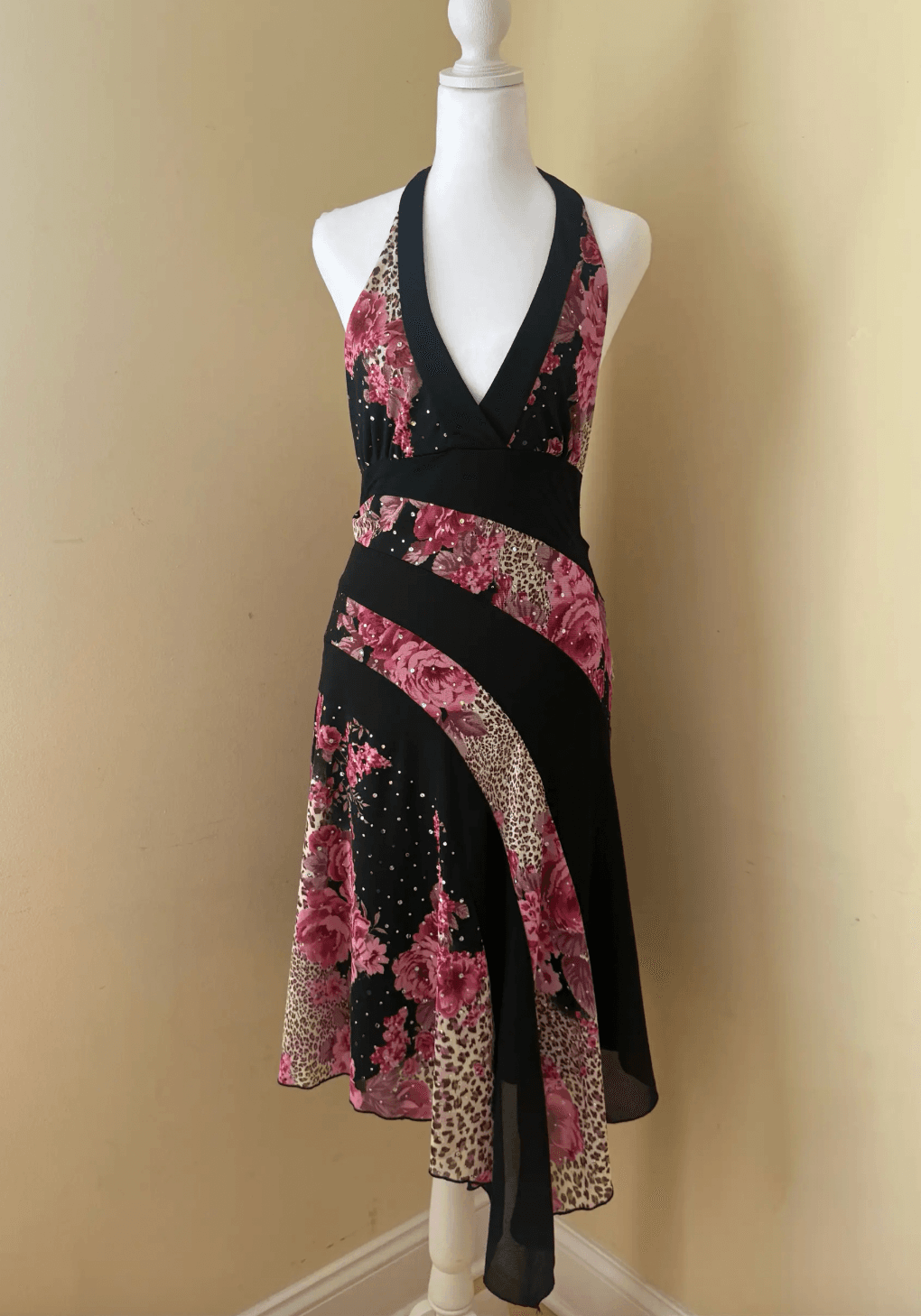 Vintage y2k Black Floral Print Halter Midi Dress