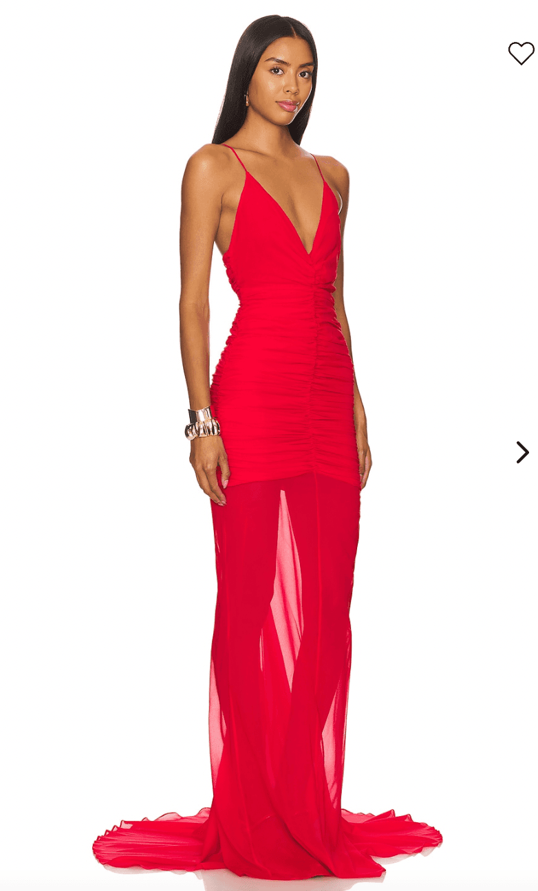 Red Gathered Dress With Train In Red