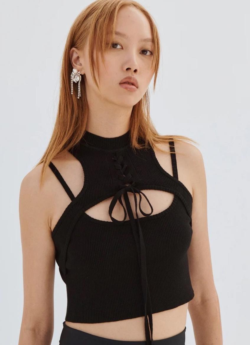 Black Halter Lace Front Neck Knit Top