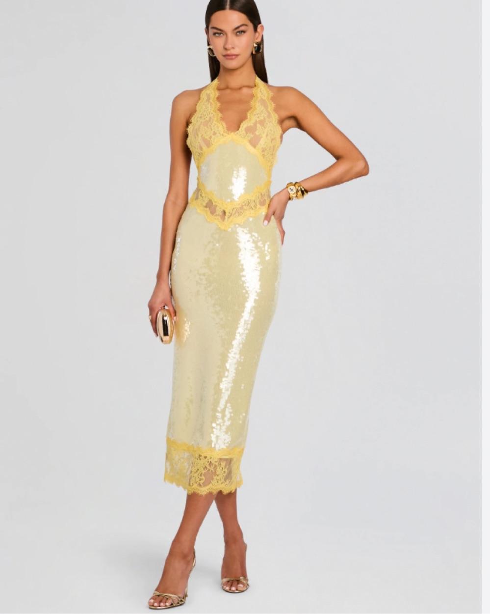 Retrofete Vicky yellow sequin lace midi