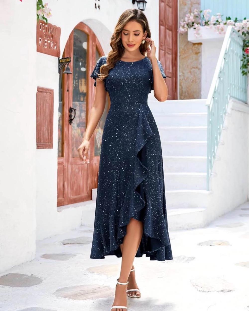 Navy Blue Sequin Dress Midi Knee length