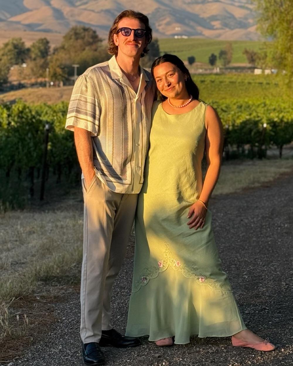 Green Linen & Chiffon Embroidered Maxi